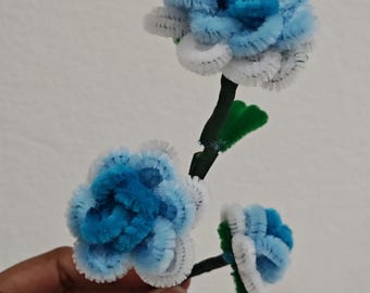 Op de afbeelding: Een boeket van drie blauwe en witte pijpenragerbloemen met groene bladeren.