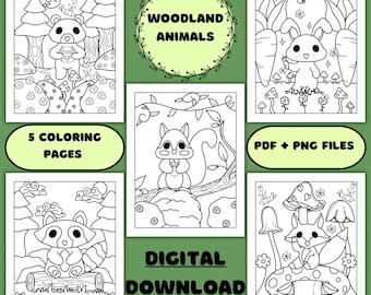 Woodland Animal Coloring Pages - Digital Download Set of 5 - PDF & PNG Files - Printable Forest-Themed Coloring Sheets for All Ages