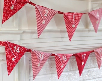 Red and White Pennant Advent Calendar. Heirloom Handmade Christmas Calendar