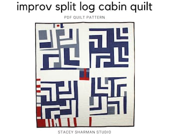 Improvisational Split Log Cabin Quilt Pattern - Modernes Quiltmuster. PDF-Download