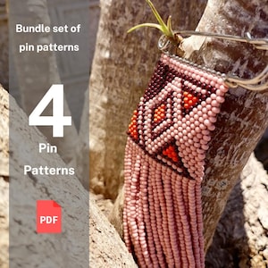 May include: A bundle of 4 beaded pin patterns in a PDF format. The pin is made with pink, orange, and brown beads. The pin is attached to a tree branch.