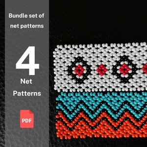 Puede incluir: Un paquete de 4 patrones de abalorios para crear patrones de red. Los patrones se muestran en un diseño de abalorios colorido con abalorios blancos, negros, rojos, naranjas y azules. La imagen incluye el texto "Bundle set of net patterns" y "4 Net Patterns".
