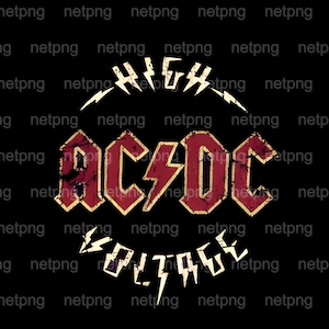 Könnte beinhalten: Ein Grafik im Used-Look auf schwarzem Hintergrund zeigt den Bandnamen "AC/DC" in roter und goldener Schrift, mit einem Blitzsymbol. Die Worte "HIGH VOLTAGE" sind kreisförmig um den Bandnamen angeordnet.