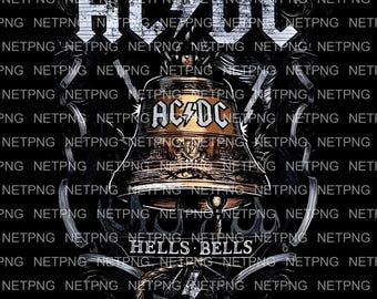 May include: Black graphic featuring the band AC/DC's logo and a bell with the text "HELLS BELLS." The AC/DC logo is in white, with a lightning bolt. The bell is gold and brown, with the band's logo on it.