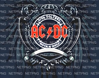 May include: A black and white graphic featuring the AC/DC logo with the words "High Voltage" and "Rock 'N' Roll". The logo is in a circular design with wings and a banner. The text "AC/DC" is in red.