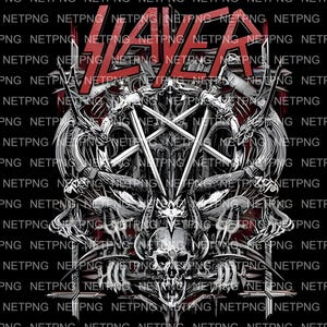May include: A black and white graphic design featuring a skull, pentagram, and swords. The word "SLAYER" is in red block letters at the top. The design has a gothic or heavy metal theme.