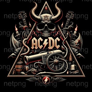 Puede incluir: Un diseño gráfico que presenta un cráneo central con cuernos dentro de un triángulo, el texto AC/DC con un rayo, un cañón, dos guitarras, velas, un barril y una campana. La paleta de colores consiste en negro, blanco y tonos rojos.