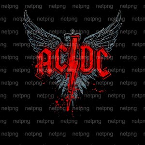 Puede incluir: Gráfico rojo y negro con el nombre de la banda "AC/DC", un rayo, alas y una corona. El diseño tiene un aspecto desgastado, con salpicaduras y una estética grunge. La imagen está sobre un fondo negro.