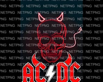 May include: Red skull with horns and a tail, with the band name "AC/DC" in bold, white letters with a lightning bolt. The design is set against a black background.
