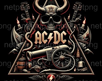 Può includere: Un design grafico con un teschio centrale con corna all'interno di un triangolo, il testo AC/DC con un fulmine, un cannone, due chitarre, candele, un barile e una campana. La tavolozza dei colori è composta da nero, bianco e rosso.