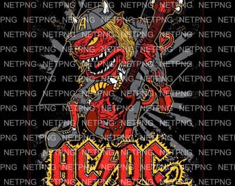 May include: A graphic illustration featuring a red devil-like figure playing a red guitar. The figure wears a gray cap with a letter "A" and has yellow hair. The band's logo, "AC/DC," is displayed in yellow and red.