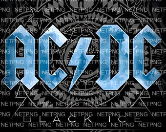 May include: Black graphic featuring the band AC/DC with the words "BLACK ICE" below. The AC/DC logo is in blue with a lightning bolt. The background is a tribal design.