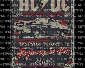May include: Black and gray vintage-style graphic featuring the band AC/DC, a classic car, and the phrase "Highway to Hell." The design includes red and white accents, with a distressed, aged appearance. The text "Speed Shop" is also visible.
