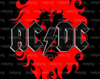 May include: A black graphic featuring the band name "AC/DC" in white, with a lightning bolt replacing the slash. The text is set against a red lion's head design on a black background.
