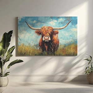 Highland Cow Oil Painting on Canvas – Landscape Western Cow Portrait | Rustic Farmhouse Wall Art for Living Room or Kitchen Decor