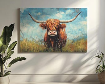 Highland Cow Oil Painting on Canvas – Landscape Western Cow Portrait | Rustic Farmhouse Wall Art for Living Room or Kitchen Decor