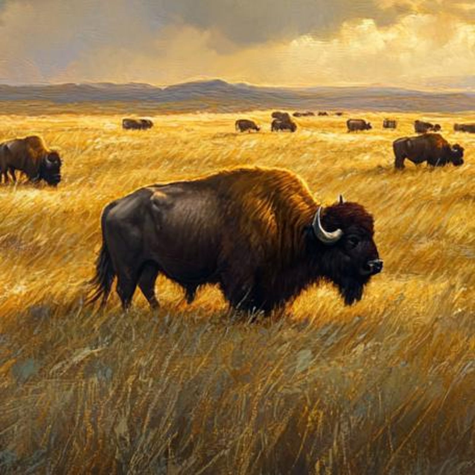 Large Western Bison Canvas – Grazing Buffalo Oil Painting Print ...