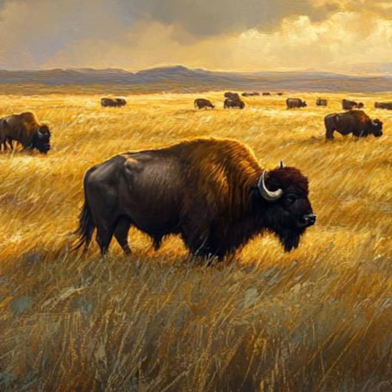 Large Western Bison Canvas – Grazing Buffalo Oil Painting Print ...