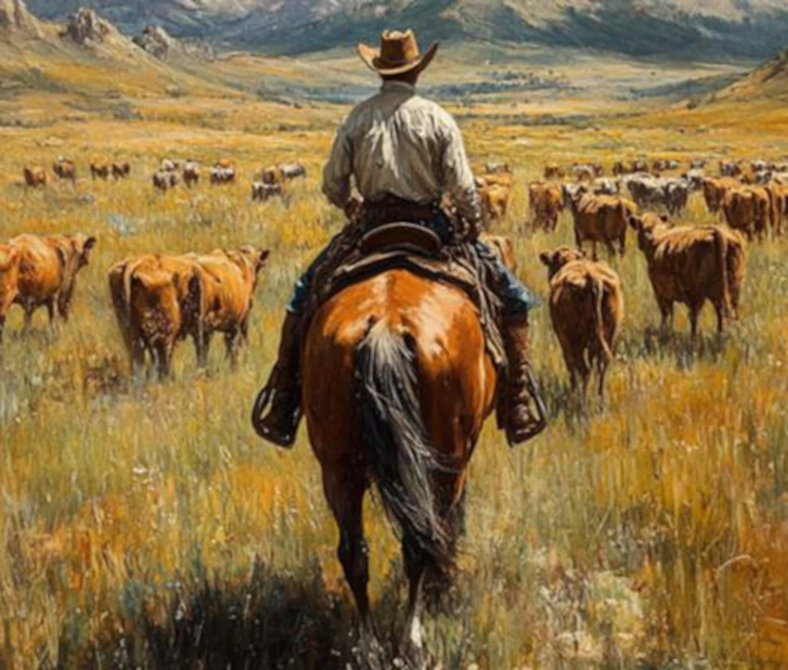 Western Ranching Graphics Canvas Western Painting Print - Chasing the Horizon; Cowboy Painting ...