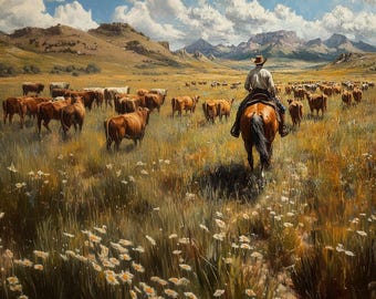 May include: An oil painting depicts a cowboy on horseback herding cattle across a grassy field. The scene is set against a backdrop of rolling hills and a bright blue sky with fluffy clouds. The cattle are brown, and the cowboy wears a hat and light-colored shirt.