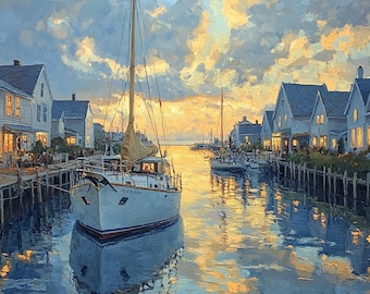 Canvas Sailboat Painting - "Dockside" Harbor Scene Painting, Dockside Painting, Sailboat Artwork, Sunset Wall Art, Nautical Oil Painting
