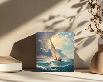 May include: A painting of a sailboat with white sails sailing on a blue ocean with white clouds in the sky.
