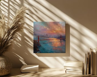 San Francisco Skyline Oil Painting - Golden Gate Bridge Wall Art, Bay Area Sunset, Textured Oil Cityscape Canvas Print Lovely Home Decor