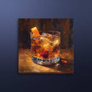 May include: A close-up of an Old Fashioned cocktail in a rocks glass. The drink is garnished with an orange peel and a maraschino cherry. The glass is sitting on a wooden surface.