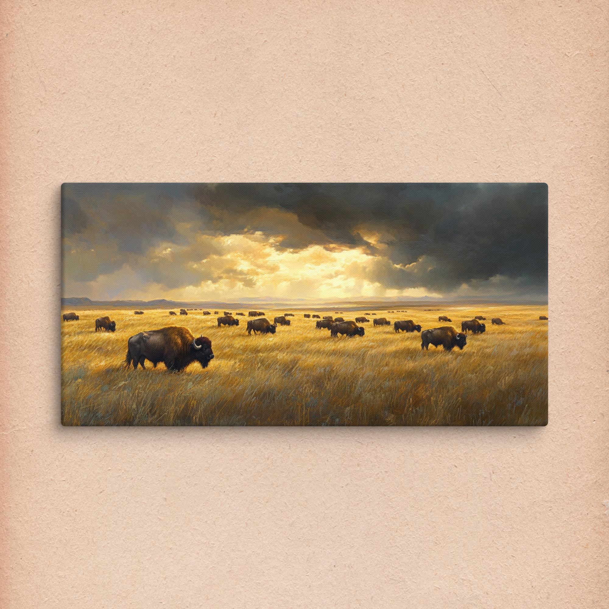 Large Western Bison Canvas – Grazing Buffalo Oil Painting Print ...