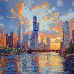 Chicago Skyline Canvas Painting - "River" Chicago Painting, Skyline Painting, Chicago River, Willis Tower Painting