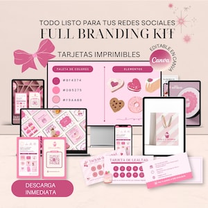 May include: A pink and white branding kit with the text "FULL BRANDING KIT" and "TARJETAS IMPRIMIBLES". The kit includes a computer screen, tablets, and phones displaying various design elements, including a color palette and editable Canva templates.