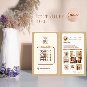 Puede incluir: Gráfico promocional de Moka Lino, con un código QR e iconos de redes sociales. El diseño es en tonos beige y marrón, con el texto "EDITABLES 100%" y "Canva". Un jarrón blanco con flores secas está en el fondo.