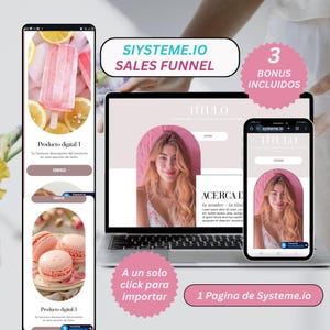 Puede incluir: Un concepto de embudo de ventas de marketing digital se muestra en una computadora portátil, un teléfono inteligente y una tableta. La computadora portátil y el teléfono inteligente muestran el retrato de una mujer. La tableta muestra ejemplos de productos. El texto incluye "SIYSTEME.IO SALES FUNNEL" y "3 BONUS INCLUIDOS".