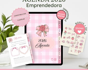 May include: A digital planner for 2026, featuring a pink gingham design with a rose and bow illustration. Includes stickers and pages for notes. The text reads "AGENDA 2026 Emprendedora" and "Compatible con Goodnotes o similar."
