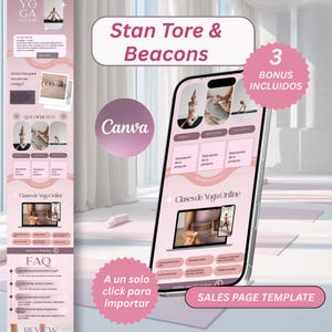 May include: A digital sales page template for yoga classes, displayed on a smartphone. The design features a pink and white color scheme with the text "Stan Tore & Beacons" and "Canva". The template includes sections for product descriptions and online yoga classes.