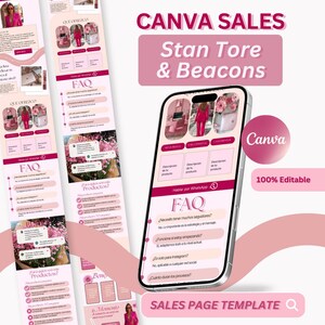 Puede incluir: Una plantilla de marketing digital para Canva, con un diseño rosa y blanco. La imagen incluye un teléfono inteligente que muestra una plantilla de página de ventas, con el texto "CANVA SALES Stan Tore & Beacons" y "SALES PAGE TEMPLATE".