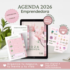 以下が含まれることがあります： ピンクと白の花柄デザインのデジタルプランナーで、「AGENDA 2026 Emprendedora」と表示されています。感謝、経費追跡、ステッカー用の印刷可能なページが含まれています。GoodNotesなどに対応。ビジネス、心、生活を整理しましょう。