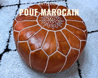 Pouf en Cuir Marron Foncé, Pouffe Broderie Artisanale, Décoration Intérieure Bohème, Repose-pieds Rond Marocain, Coussin de Sol Ottomane .