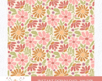 Retro Boho Floral Bloom Seamless Pattern | Hand-Drawn Daisy Digital Paper | Vintage Spring Summer Flower Background for Sublimation PNG