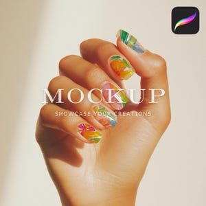 May include: A hand with colorful floral nail art. The nails are painted with a tropical flower design in shades of yellow, green, pink, and blue. The text "MOCKUP SHOWCASE YOUR CREATIONS" is printed below the hand.