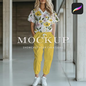 May include: A woman is wearing a white and yellow floral print short-sleeved shirt and yellow sweatpants. The text "MOCKUP SHOWCASE YOUR CREATIONS" is printed on the image.