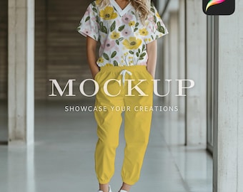 May include: A woman is wearing a white and yellow floral print short-sleeved shirt and yellow sweatpants. The text "MOCKUP SHOWCASE YOUR CREATIONS" is printed on the image.