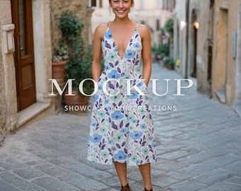 Mockup jurk voortplanten | Modemockup mouwloze zomerjurk | Flatlay-kledingmodel voor procreate bewerkbare modesjabloon voor ontwerp