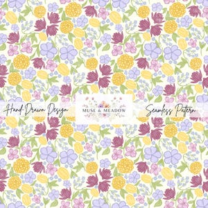 Peut inclure: Un motif floral sans couture avec des fleurs dessinées à la main en jaune, violet et lavande sur un fond crème. Le motif comprend le texte "Hand-Drawn Design" et "Seamless Pattern" avec la marque "MUSE & MEADOW".