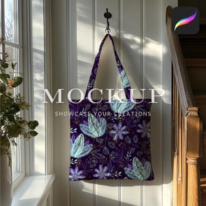 Quilted Tote Bag Procreate Mockup, Natural Light Shiplap Walls Home Decor Mockup, Realistic Texture and Shadow Digital Mockup Download image 6