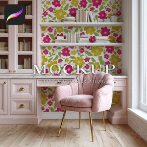 May include: A pink home office mockup with a velvet armchair and a desk. The background features a floral wallpaper with pink and yellow flowers. The text "MOCKUP" and "SHOWCASE YOUR CREATIONS" are displayed.