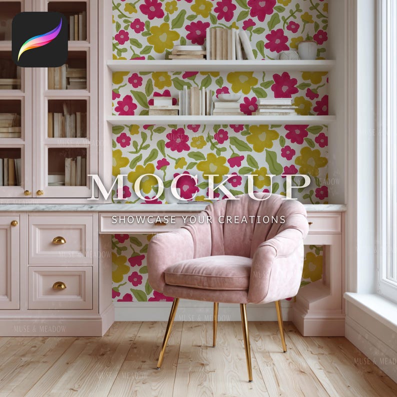 May include: A pink home office mockup with a velvet armchair and a desk. The background features a floral wallpaper with pink and yellow flowers. The text "MOCKUP" and "SHOWCASE YOUR CREATIONS" are displayed.