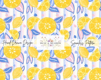 Lemon Seamless Pattern | Cute Citrus Digital Paper with Pink & Blue Leaves | Summer Fruit Stripe Background |Tropical Vibes Sublimation PNG