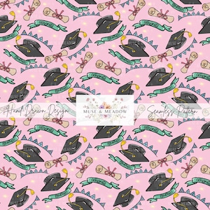 Graduation Seamless Pattern Cute Graduation Cap & Diploma Digital Paper Class of 2025 Congrats Pattern Pink Background Graduation Print PNG
