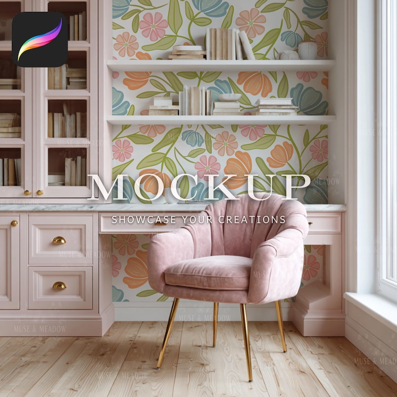 May include: A pink home office mockup with a velvet armchair, desk, and built-in shelves. The floral wallpaper and Procreate app icon add a creative touch. The text reads "MOCKUP SHOWCASE YOUR CREATIONS."